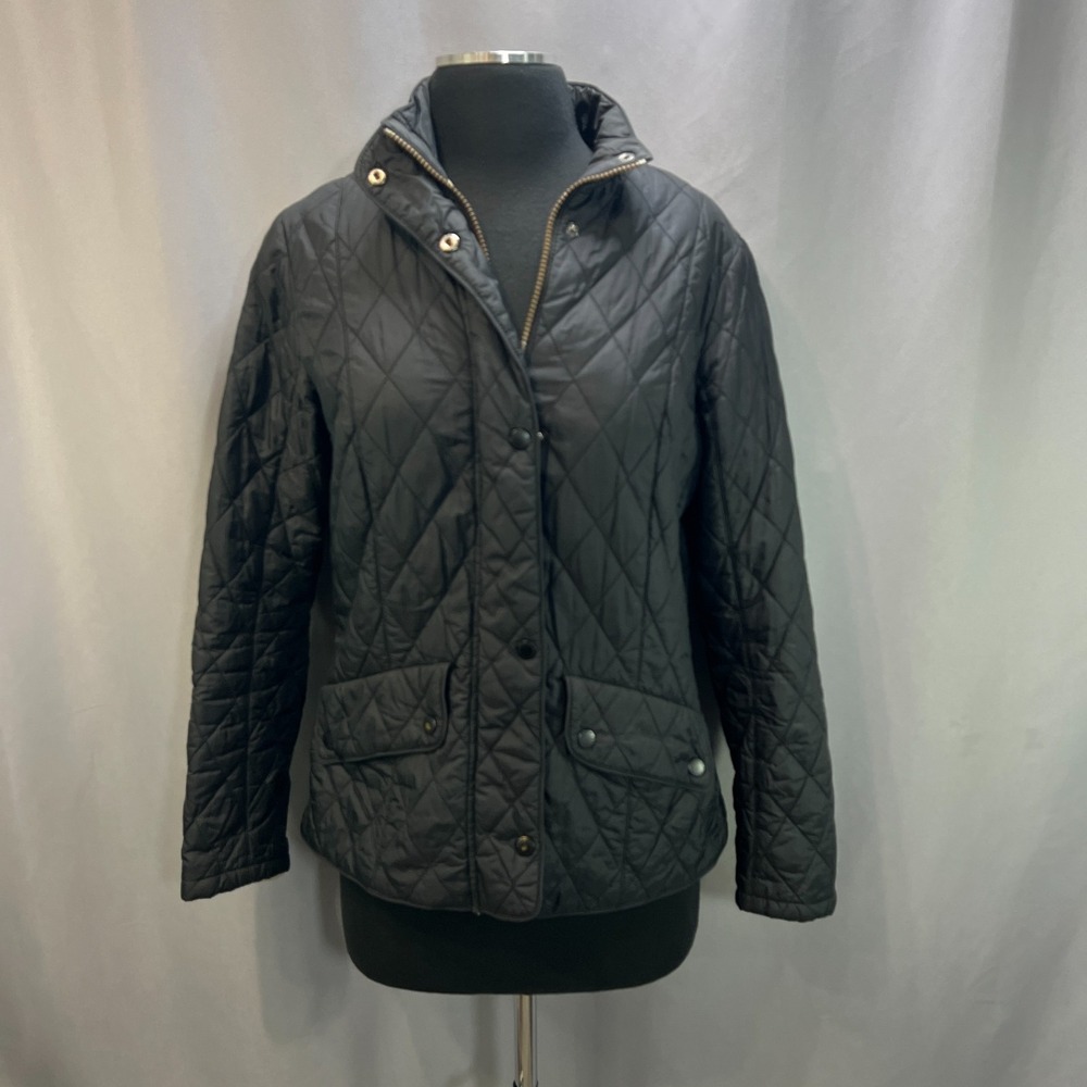 Barbour Flyweight Cavalry Quilted Jacket Women 10 Black Snap Front Funnel Collar